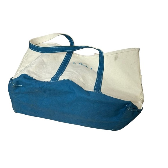 LL BEAN Boat & Tote Ivory Canvas Teal Trim Embroidered Purse Tote - Picture 4 of 11
